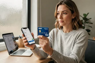 Femme utilisant une carte bancaire et l'application Amazon pour effectuer un paiement mixte Bimpli