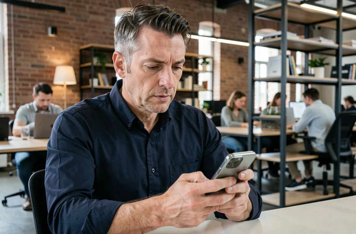 Travailleur indépendant utilisant son smartphone pour régler ses cotisations URSSAF dans un espace de coworking