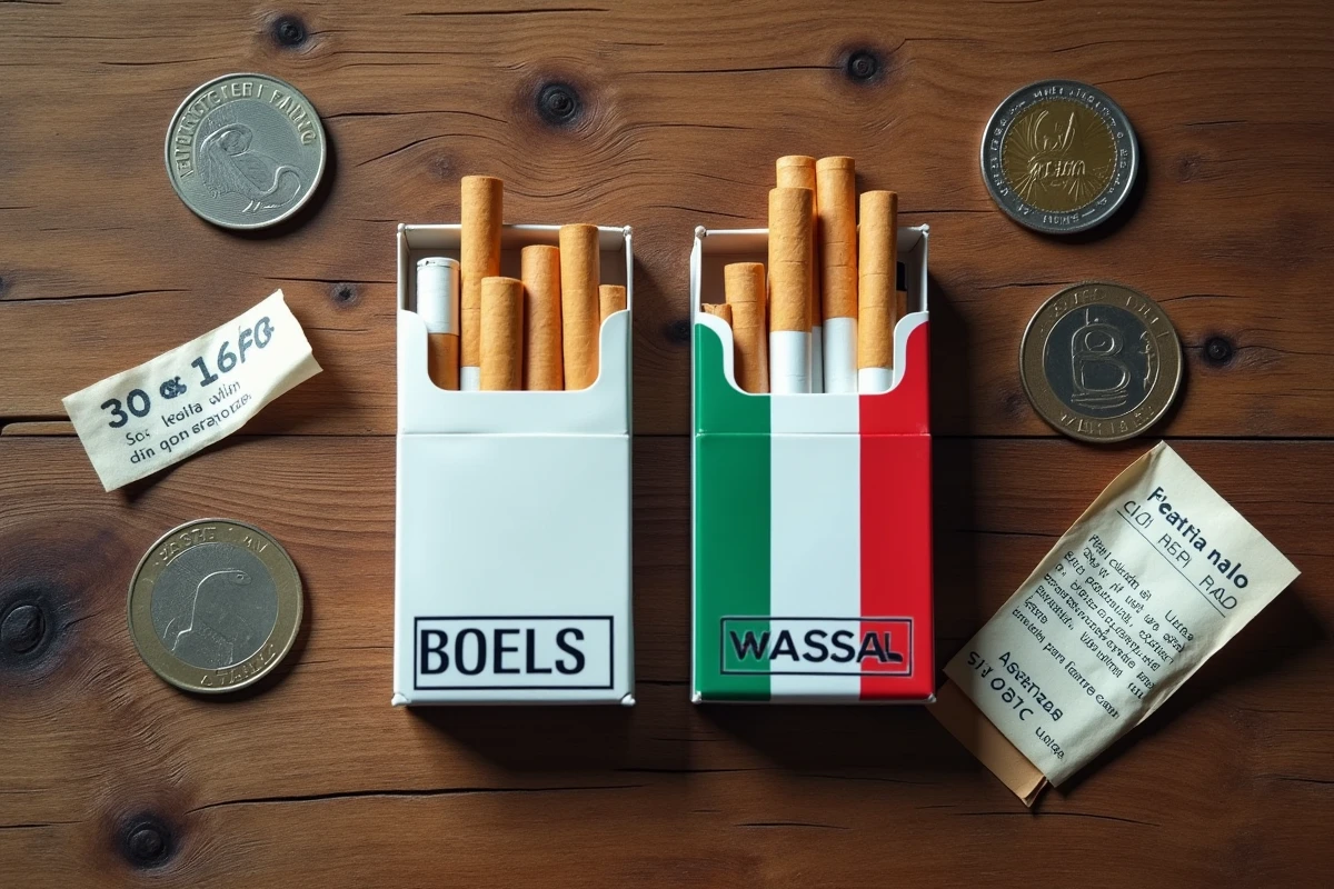 Comparaison de paquets de cigarettes italiens et français avec des pièces euros et des reçus sur une table en bois