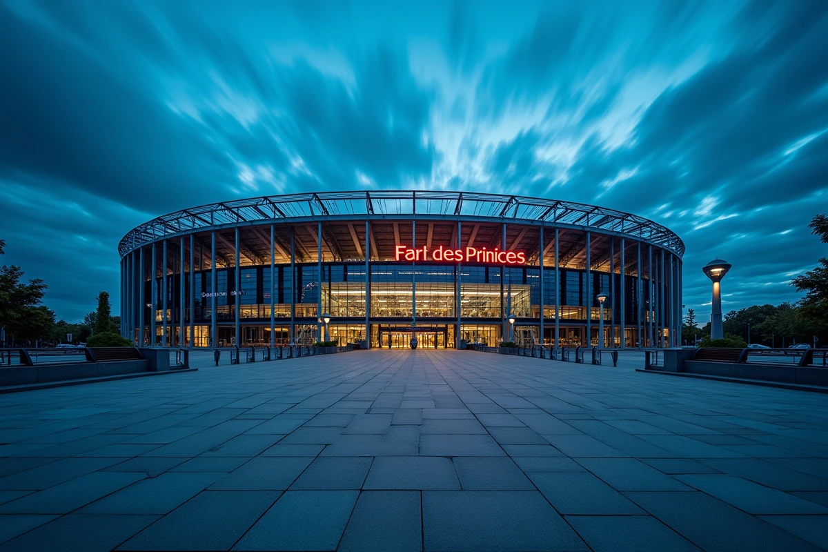 Vue extérieure du Parc des Princes à Paris au crépuscule symbolisant la puissance financière et le prestige du PSG