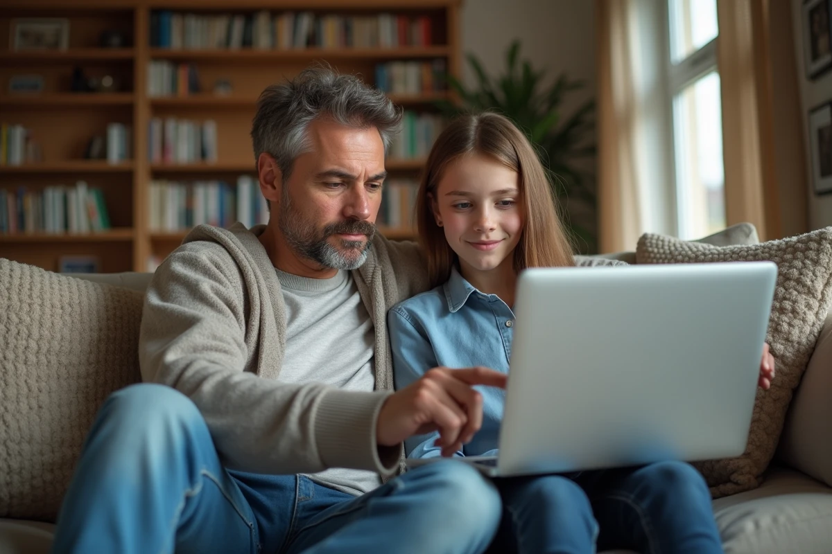 Parent et adolescent consultant ensemble les frais et prix d'une carte bancaire pour ado sur un ordinateur portable