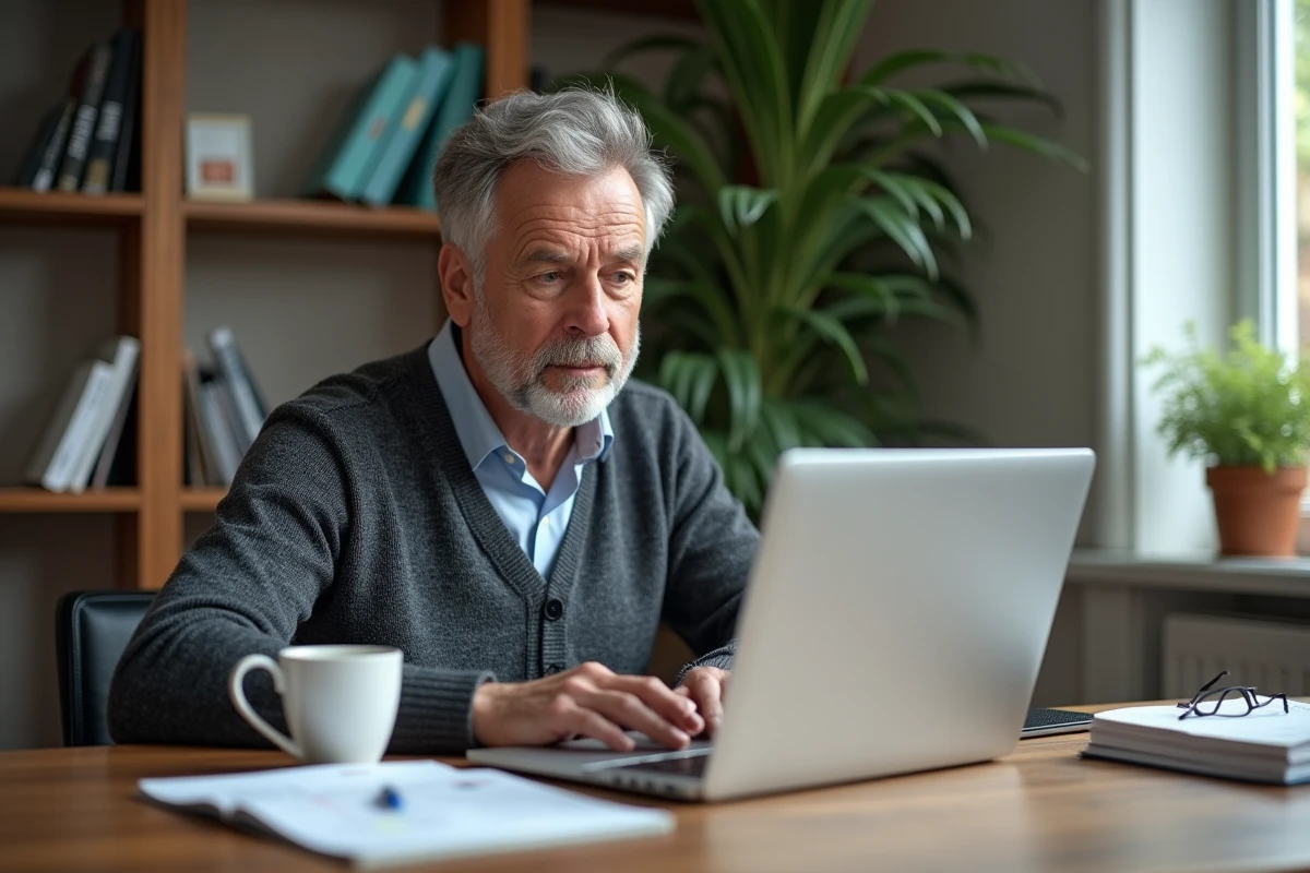 Particulier calculant la durée idéale et les taux d'un compte à terme depuis son bureau à domicile