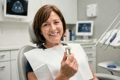 Femme souriante en cabinet dentaire tenant un modèle d'implant dentaire, illustrant le remboursement des implants par une mutuelle