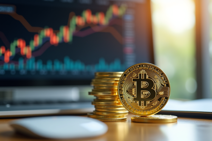 Pièces Bitcoin et Ethereum sur un bureau moderne