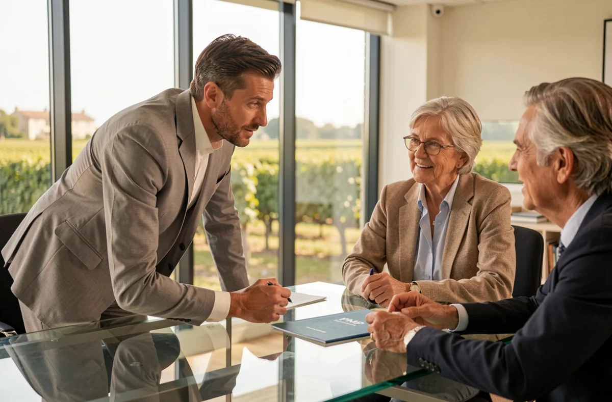 Conseiller PMP Patrimoine en consultation avec un couple dans un bureau moderne avec vue sur le vignoble girondin