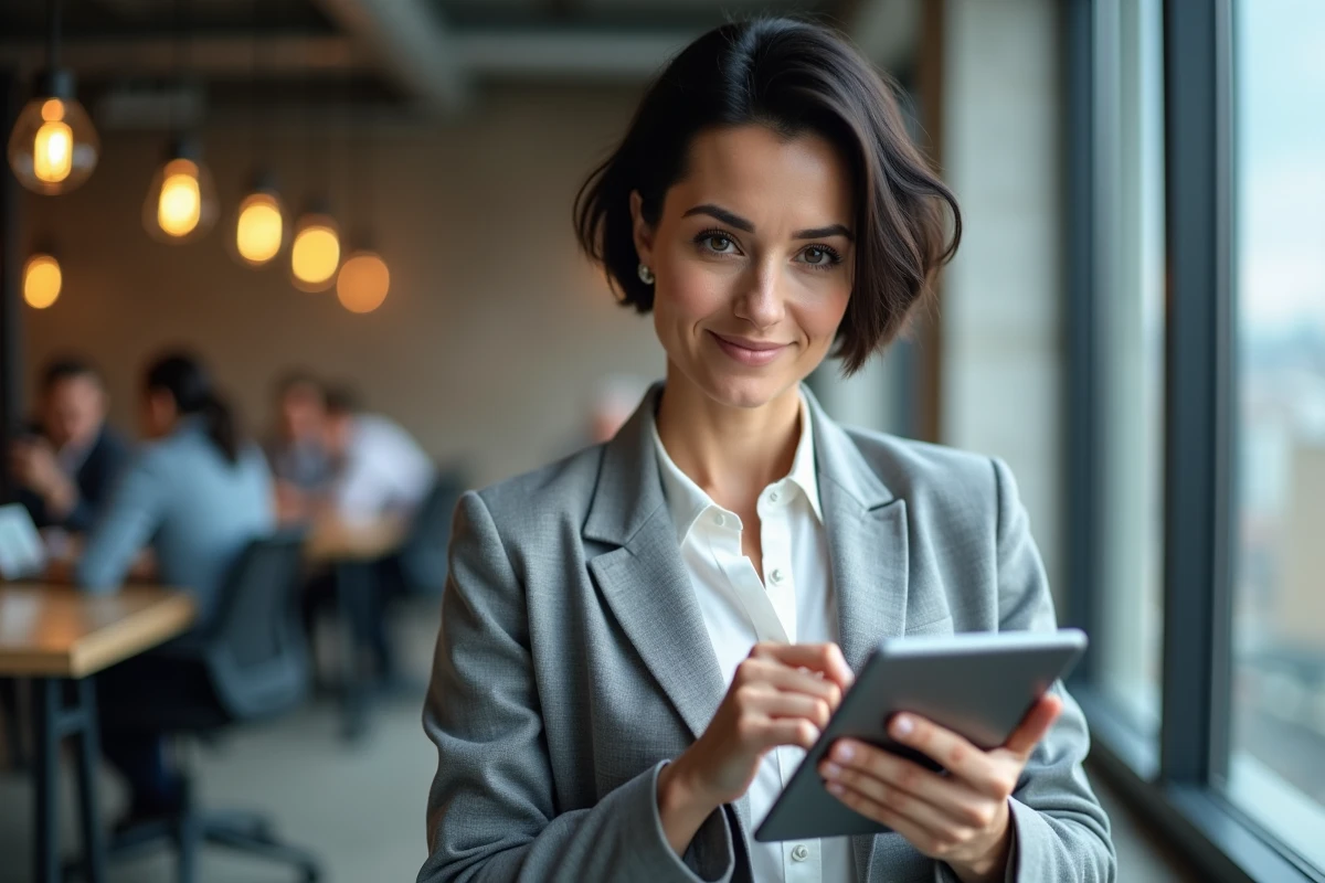 Femme consultant un portefeuille de cryptomonnaies diversifié sur tablette dans un espace de coworking moderne