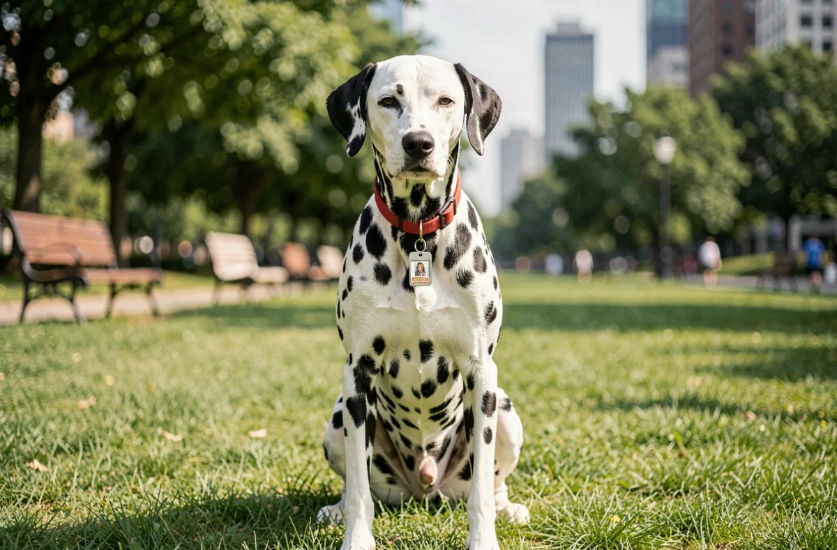 Portrait d'un dalmatien adulte avec collier rouge assis dans un parc urbain, image principale d'un article sur l'assurance chien Dalma