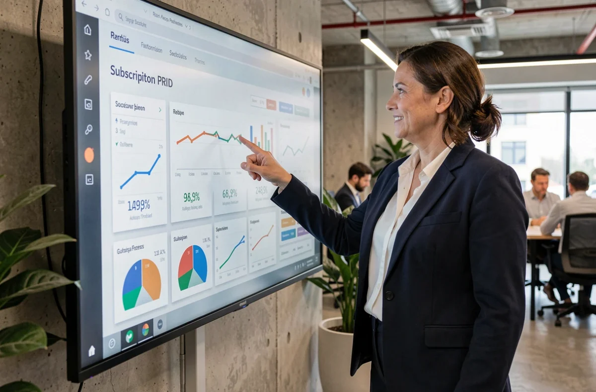 Femme présentant les prix de souscription SCPI sur un écran interactif dans un espace de coworking