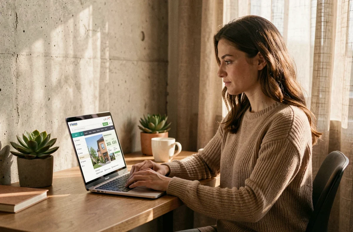 Utilisatrice du courtier en ligne Pretto recherchant une simulation de prêt immobilier depuis son appartement à Bordeaux