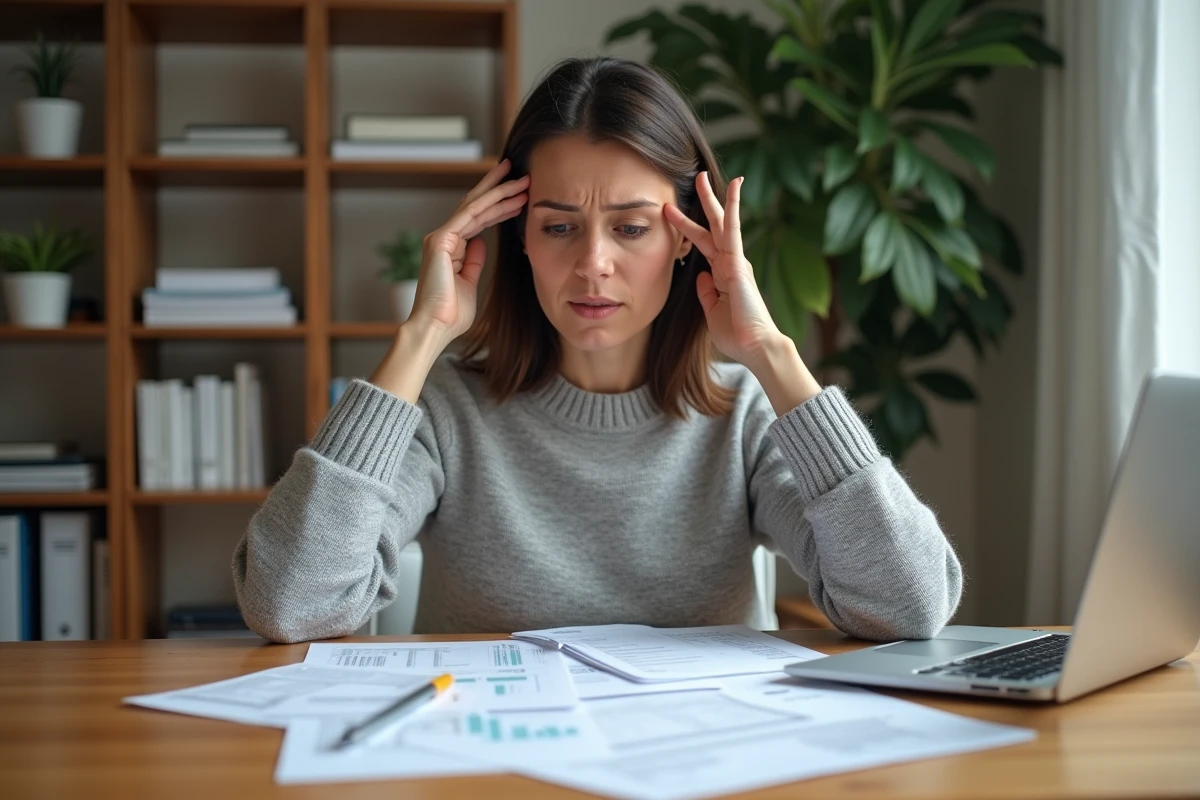 Femme consultant des documents fiscaux et fiches de paie sur un bureau en bois pour anticiper l'impact de la prime Macron sur son taux de prélèvement à la source
