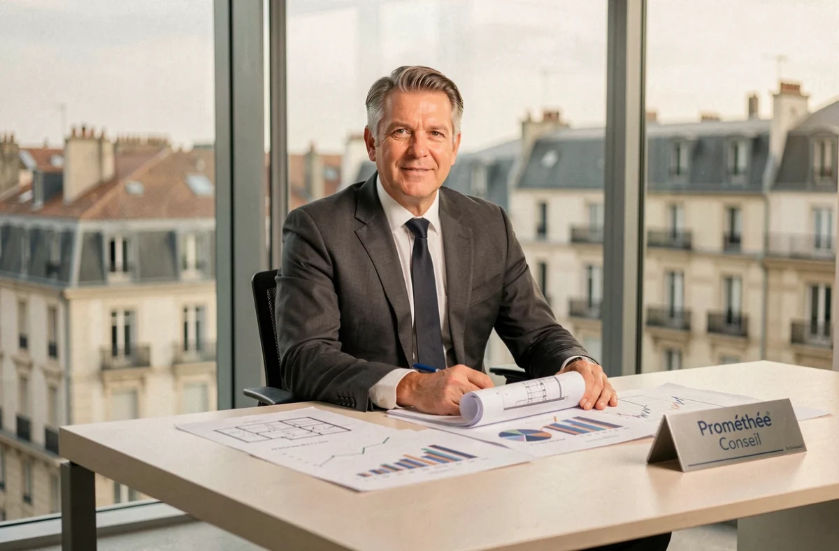 Conseiller de Prométhée Conseil à Bordeaux présentant des solutions patrimoniales à son bureau
