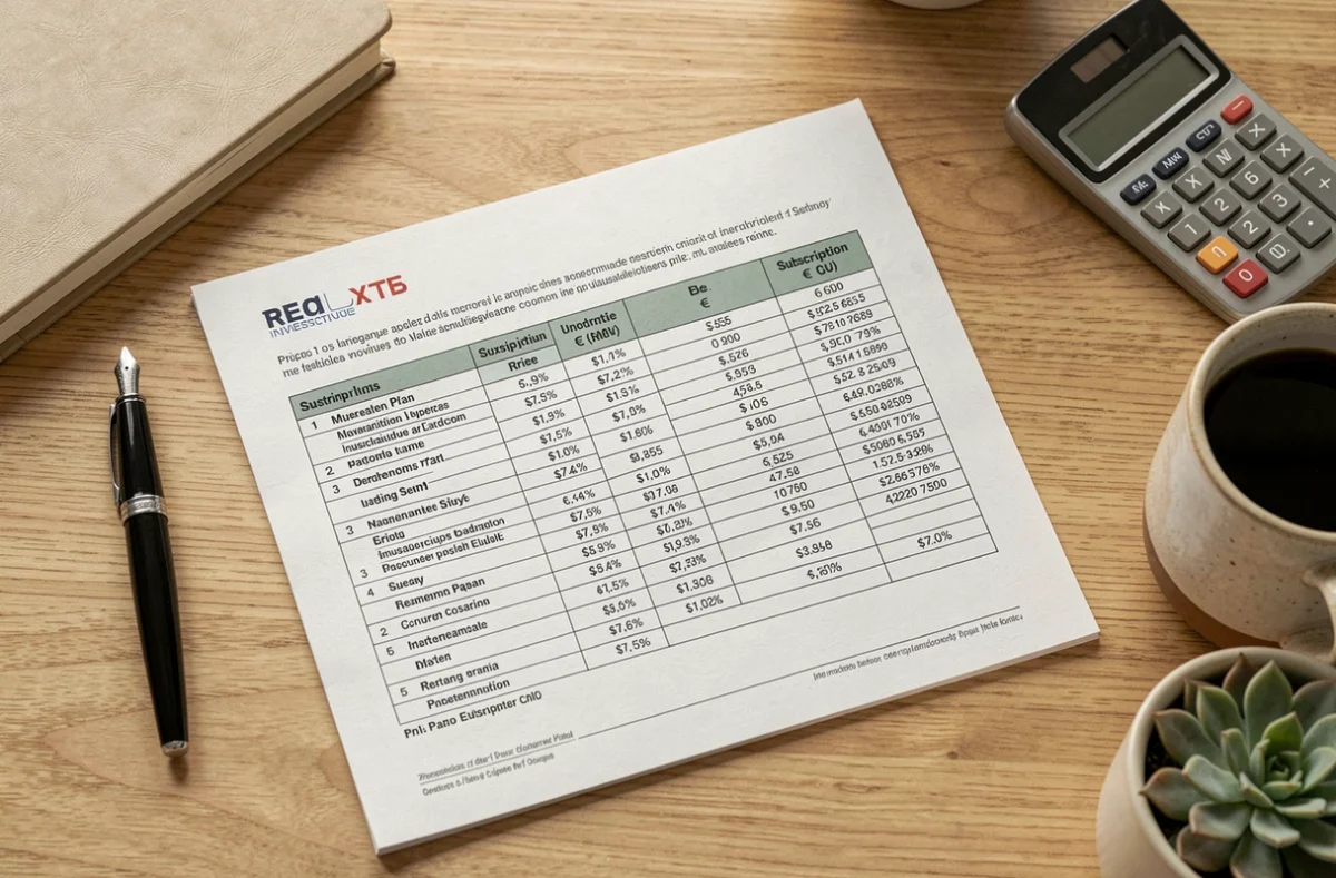 Vue aérienne d'un prospectus SCPI avec tableau de prix de souscription sur un bureau en bois