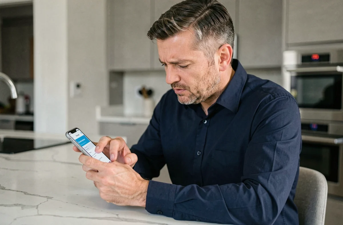 Homme utilisant un smartphone pour récupérer son mot de passe de banque en ligne