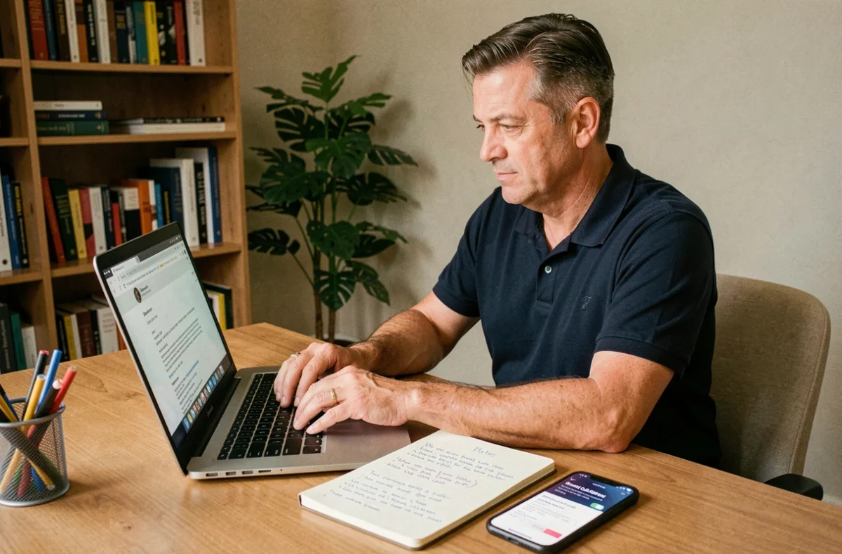 Homme rédigeant une réclamation par email suite à un bug de l'application mobile de sa banque