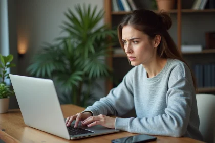 Femme réinitialisant un mot de passe oublié sur son ordinateur portable dans un bureau à domicile