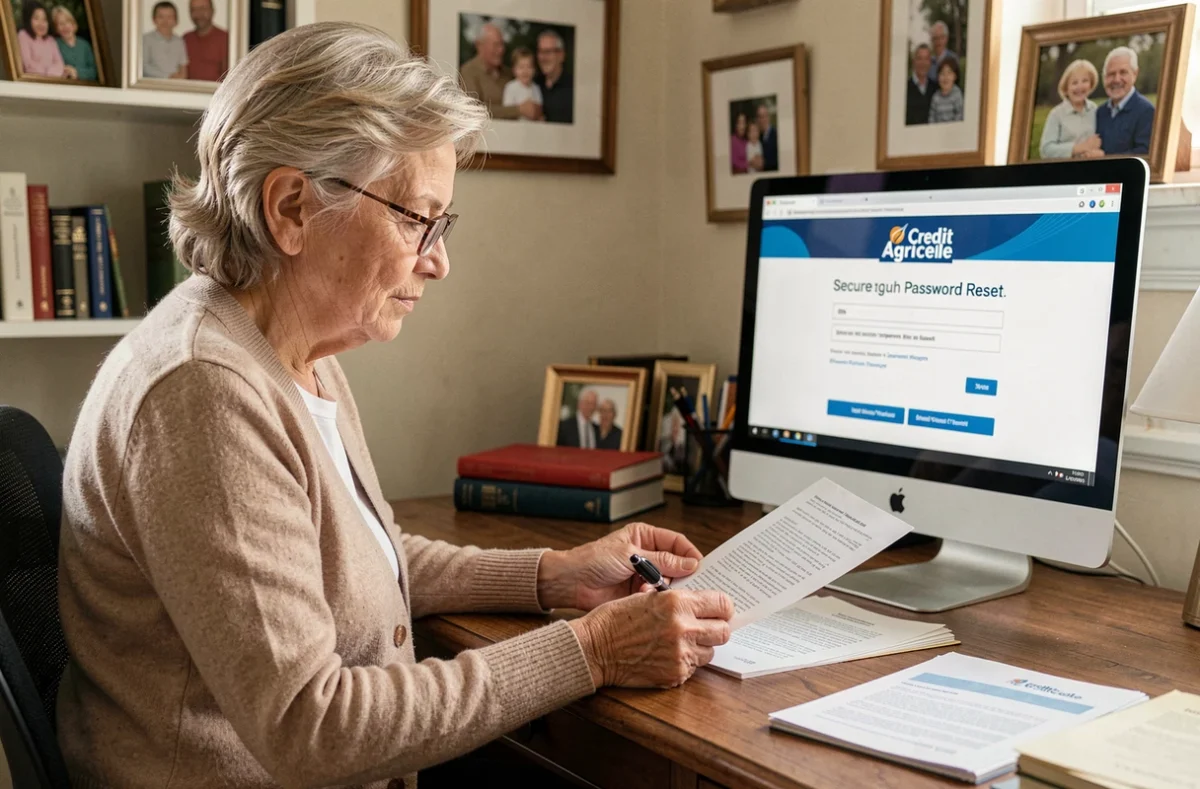Femme d'âge mûr consultant un document pour réinitialiser son mot de passe bancaire CA35