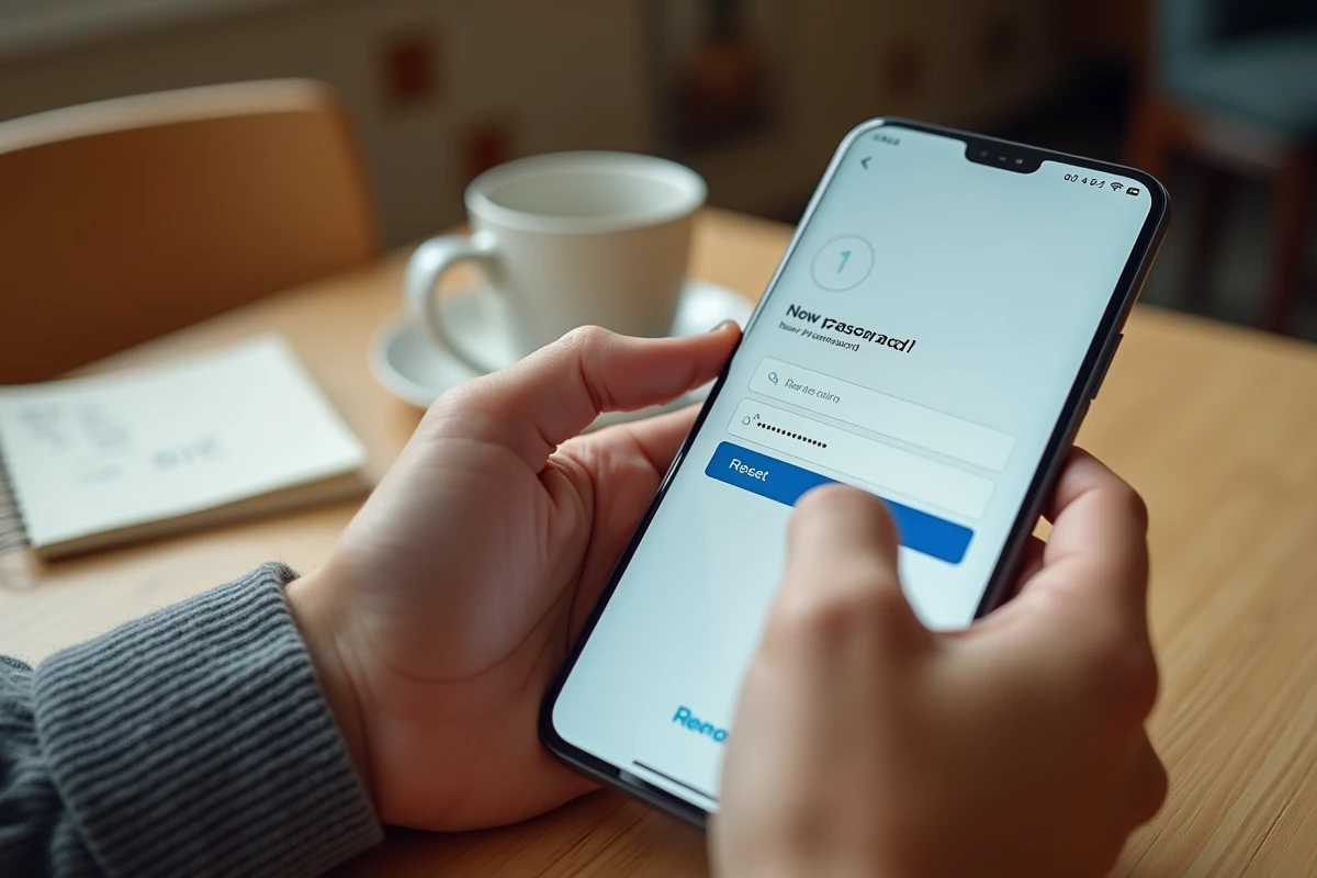 Mains tenant un smartphone pour réinitialiser un mot de passe de compte en ligne sur une table en bois
