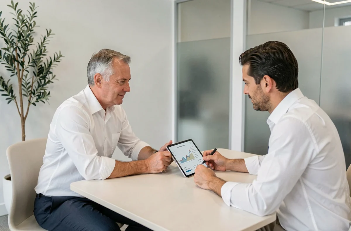 Réunion entre un investisseur et un conseiller financier comparant des SCPI à capital fixe et variable sur une tablette