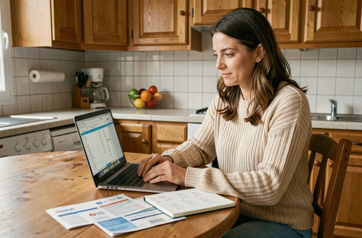 Une femme gère le budget familial sur un ordinateur portable dans une cuisine française, symbolisant l'impact du revenu médian sur le pouvoir d'achat