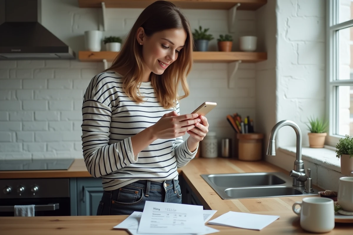 Jeune femme calculant son salaire horaire SMIC avec une application sur smartphone dans une cuisine
