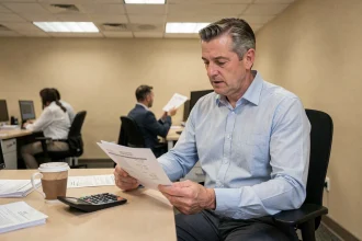 Un homme d'affaires consulte ses fiches de paie dans un bureau, illustrant la comparaison entre salaire médian et salaire moyen en France