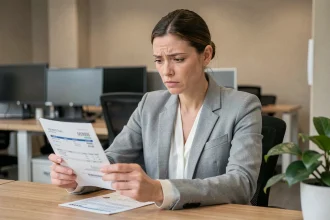 Salariée du secteur privé examinant une fiche de paie dans un bureau moderne en 2026