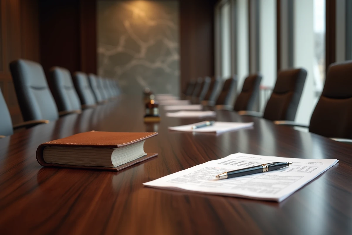 Salle de réunion exécutive parisienne avec documents financiers et stylo plume sur table en noyer poli évoquant une négociation de haut niveau