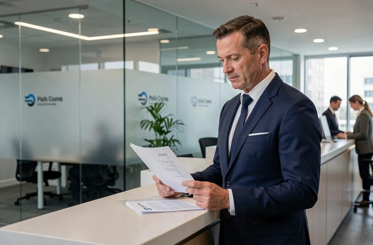 Directeur bancaire en costume marine examinant des documents financiers dans un siège social moderne de banque en ligne, illustrant la solidité institutionnelle derrière Boursorama