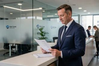 Directeur bancaire en costume marine examinant des documents financiers dans un siège social moderne de banque en ligne, illustrant la solidité institutionnelle derrière Boursorama