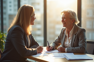 Femme senior rencontrant un conseiller au bureau