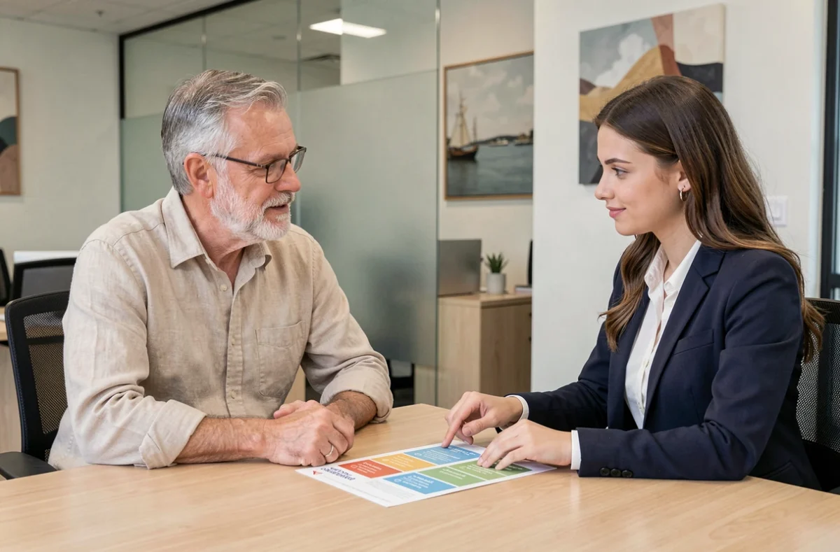 Senior discutant de sa formule de mutuelle agricole avec un conseiller en agence