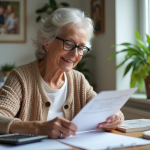 Femme senior souriante lisant des papiers à la maison