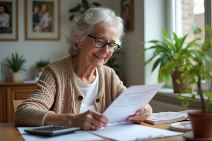 Femme senior souriante lisant des papiers à la maison