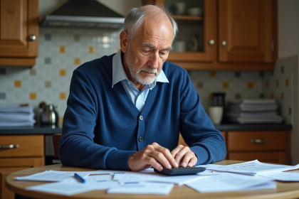 Homme senior en train de revoir ses papiers de pension