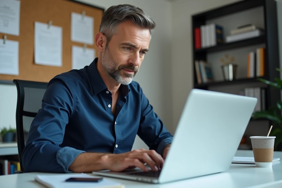Homme contactant le service client Cofidis en ligne depuis son bureau à domicile