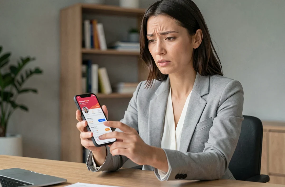 Femme utilisant une application bancaire mobile Lydia sur smartphone au bureau pour résoudre un problème de paiement