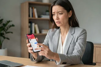 Femme utilisant une application bancaire mobile Lydia sur smartphone au bureau pour résoudre un problème de paiement