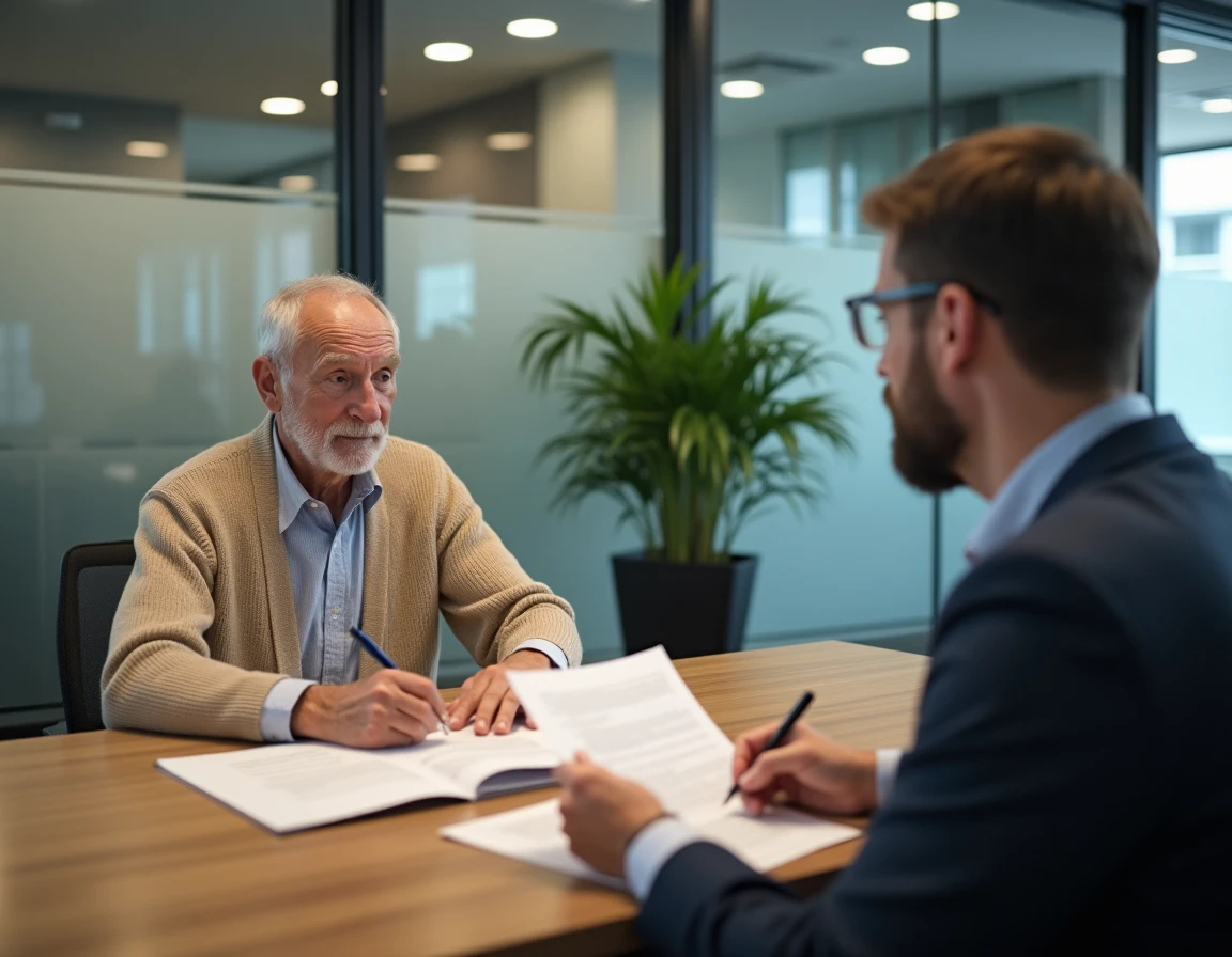 Homme âgé signant une procuration bancaire avec un conseiller dans une agence bancaire moderne