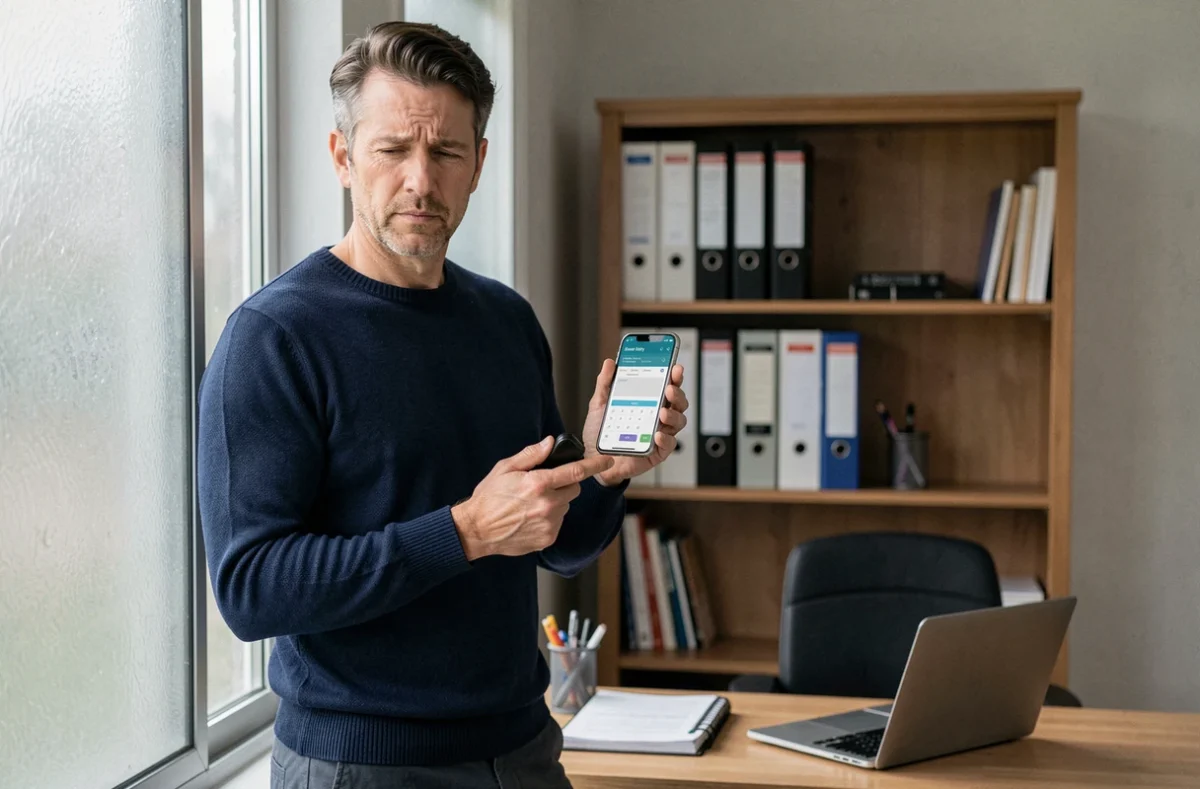 Homme consultant un simulateur de salaire net sur smartphone dans un bureau à domicile