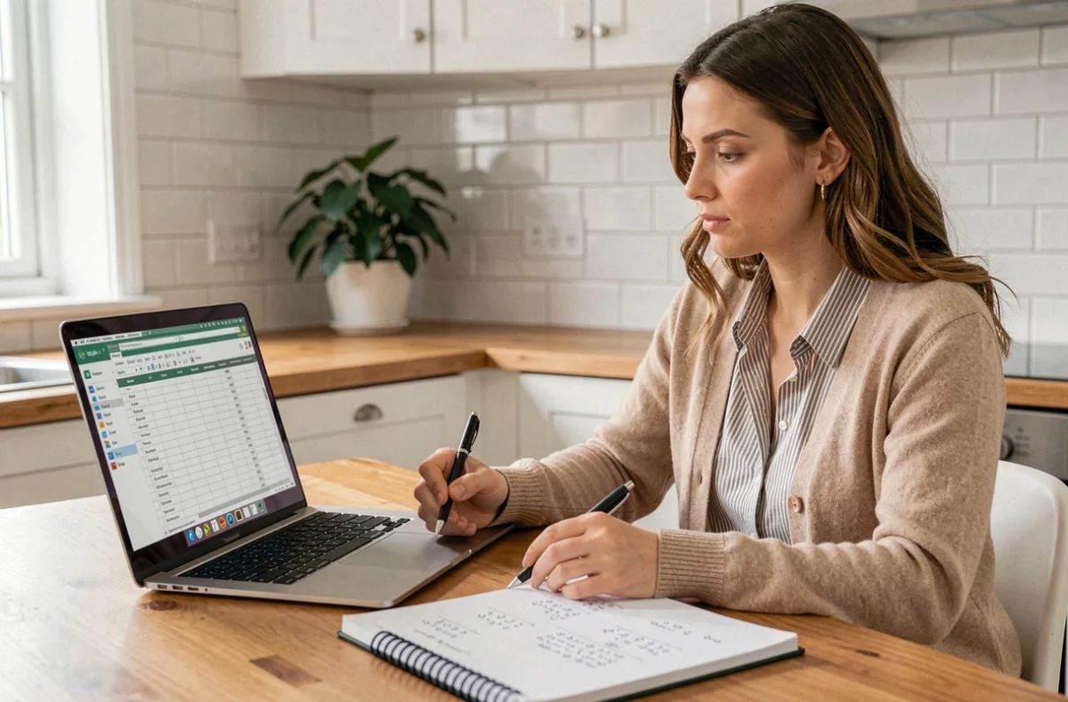 Jeune femme calculant son budget après démission CDI avec un simulateur de solde tout compte sur ordinateur portable