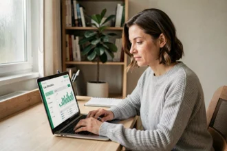 Femme utilisant un simulateur de crédit en ligne sur un ordinateur portable dans un bureau à domicile moderne