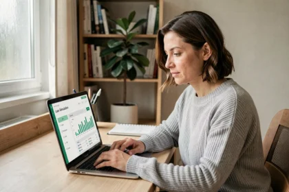 Femme utilisant un simulateur de crédit en ligne sur un ordinateur portable dans un bureau à domicile moderne