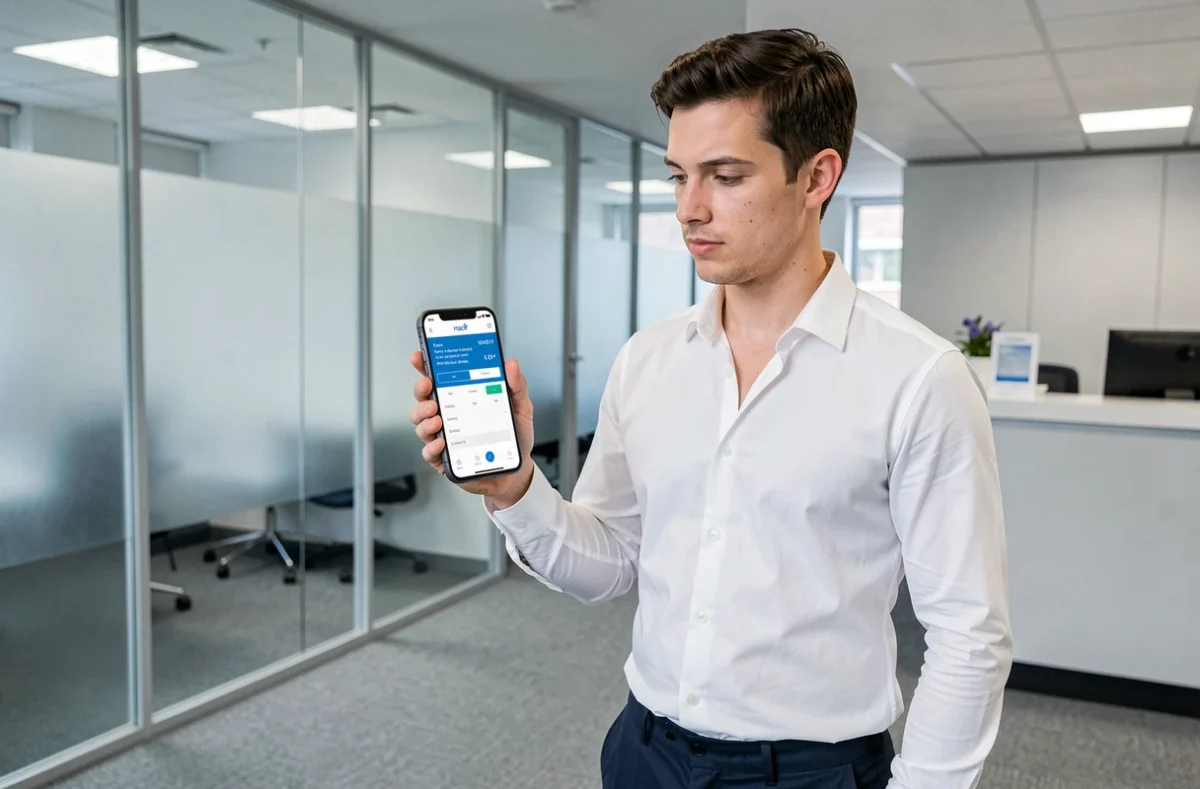 Jeune homme consultant une application de simulation de crédit Macif sur smartphone dans une agence bancaire