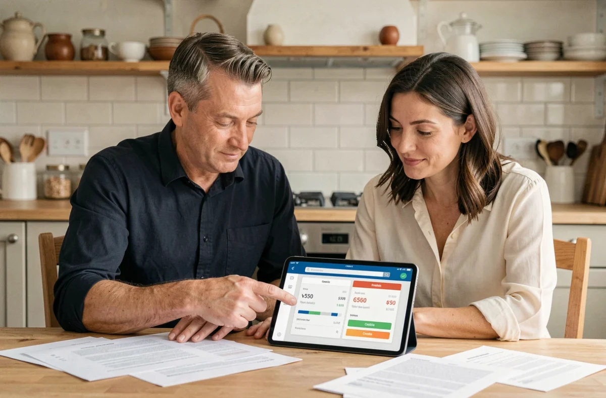 Couple en train d'étudier une simulation de prêt immobilier sur tablette à la table de la cuisine