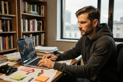 Homme analysant des graphiques boursiers sur un ordinateur portable dans un bureau à domicile, illustrant la stratégie d'investissement dans GTA 5