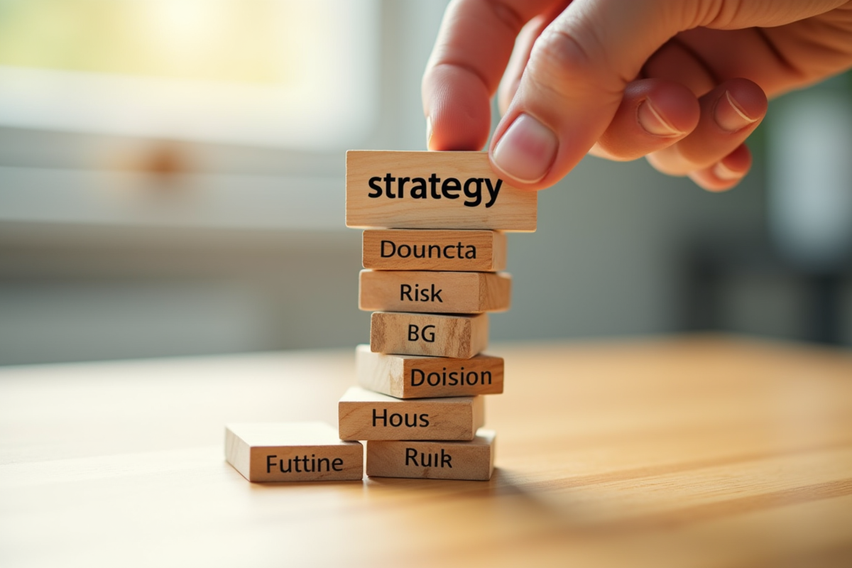 Main posant une strategiew sur une tour de blocs financiers