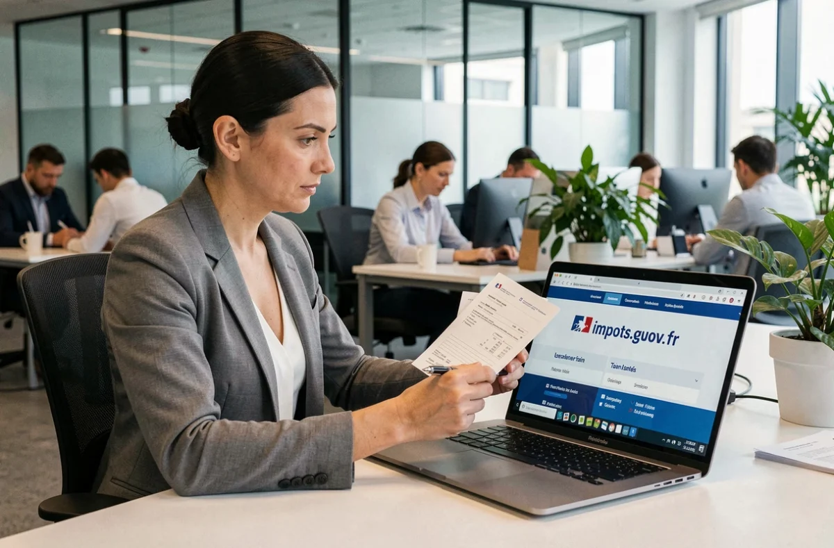Femme consultant le site impots.gouv.fr pour télécharger le formulaire 2041-DPTF-SD en entreprise