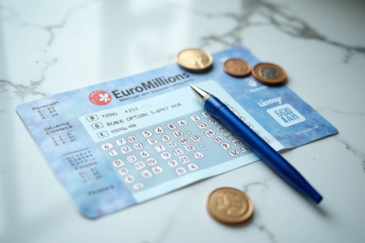 Ticket de loterie EuroMillions avec option Étoile + et pièces en euros sur marbre