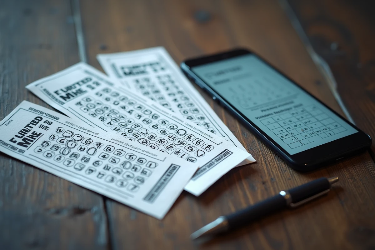 Vue aérienne de tickets EuroMillions et smartphone affichant la grille des résultats