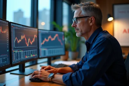 Trader professionnel analysant les horaires d'ouverture des marchés boursiers mondiaux sur plusieurs écrans dans un bureau moderne